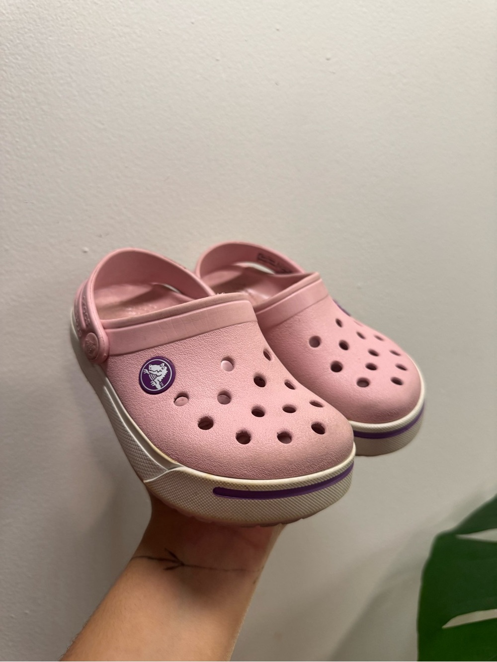 CROCS Kids Pink Clog Sandals with Purple Trim